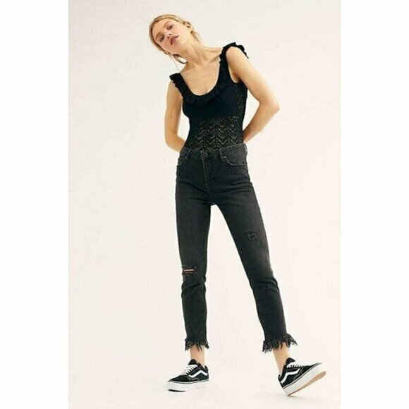 Free People Great Heights Frayed Skinny Jeans Faded Black Distressed Size 24 - Picture 1 of 10